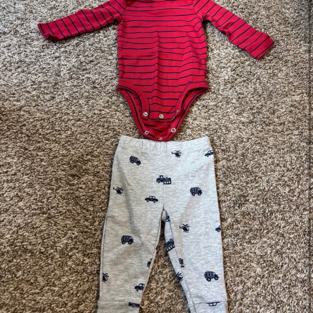 Red Striped Baby Bodysuit and Gray Pants Set